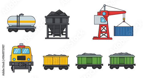 Industrial Transportation Icons: Train, Crane, Coal Wagon, Container, Tanker