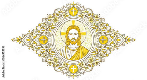 Jesus Christ portrait with ornate golden halo and decorative border