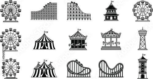 Amusement Park Icon Set Featuring Ferris Wheel Roller Coaster Carousel And Circus Tent For Family Entertainment Summer Carnival And Tourism