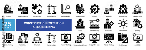 Construction Execution and Engineering icon set featuring building,infrastructure,workforce,manufacturing,and design process.Ideal for industrial,engineering,and development projects.