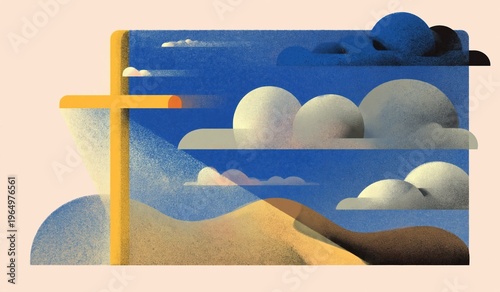 Easter faith theme featuring a glowing golden cross radiating divine light over a stylized desert landscape. Modern Christian illustration representing hope, revelation, and spiritual journey.