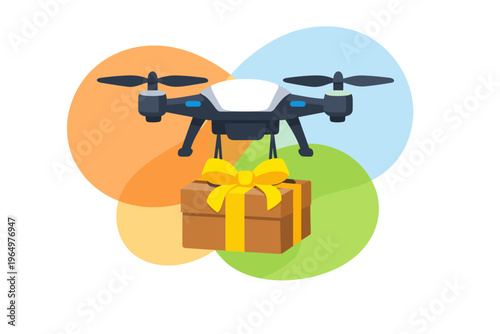 Drone delivering a gift package with a yellow ribbon.