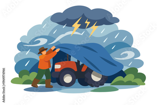 Farmer covers tractor with tarp during thunderstorm and heavy rain.