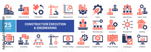 Construction Execution and Engineering icon set featuring building,infrastructure,workforce,manufacturing,and design process.Ideal for industrial,engineering,and development projects.