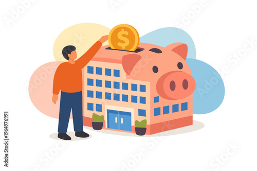 Man deposits coin into piggy bank shaped like a building.