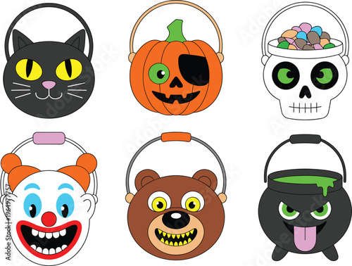 Cute Halloween trick or treat bucket icons set featuring pumpkin skull cat clown bear and witch pot in colorful style