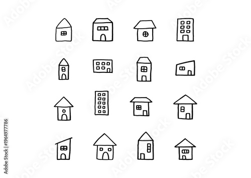 窓がある家やビルのシンプルでコンパクトな手描きのアイコンセット（線画）