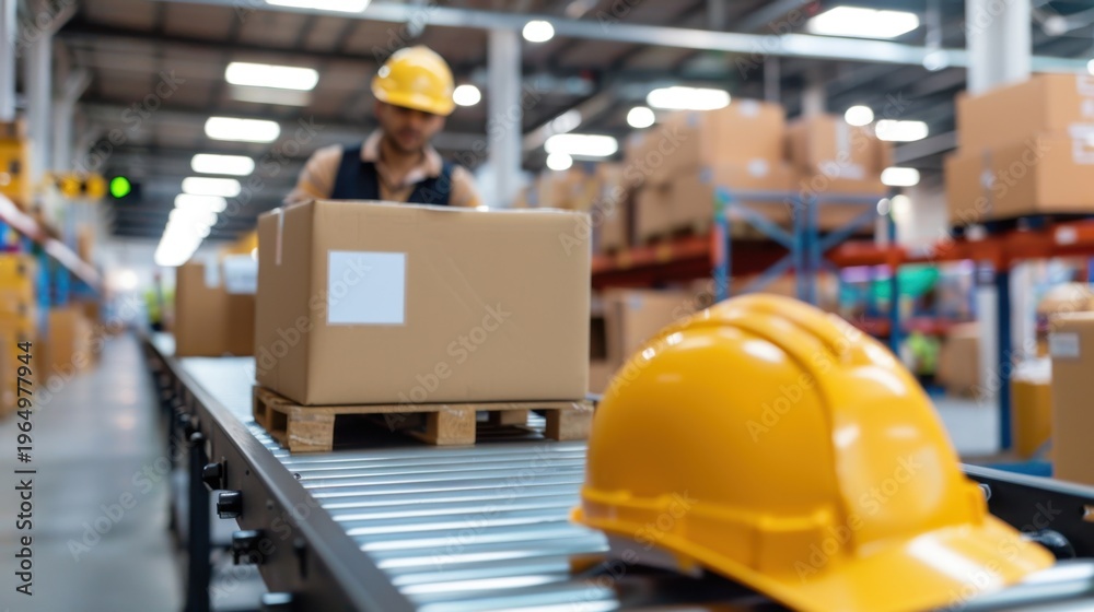 Fototapeta premium Worker Preparing Packages for Shipment in a Modern Warehouse with Safety Equipment and Cardboard Boxes
