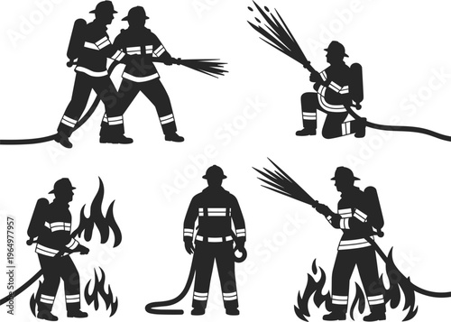 Firefighter silhouettes set, fire rescue actions with hose flames emergency service vector illustration