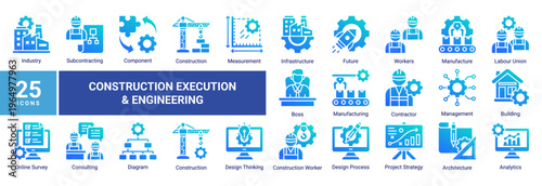 Construction Execution and Engineering icon set featuring building,infrastructure,workforce,manufacturing,and design process.Ideal for industrial,engineering,and development projects.