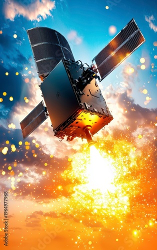 Satellite Launching into Vibrant Sky with Fiery Boost