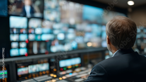 Mastering the Broadcast: A seasoned individual meticulously monitors a vast array of screens and controls, orchestrating the seamless flow of information. Capturing a behind-the-scenes view