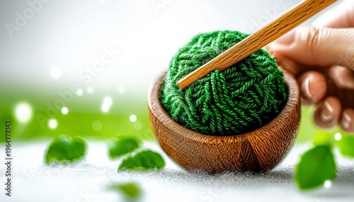 Vibrant Green Yarn Ball in Wooden Bowl with Knitting Needle - Crafting Hobby Concept
