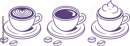 Three stylized cups of coffee with latte plain coffee, and whipped cream