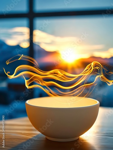 Warm Steaming Bowl with Golden Abstract Aroma Against Sunset Winter Landscape Window View