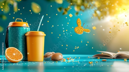 Vibrant Summer Relaxation Scene with Drink, Book, and Butterfly
