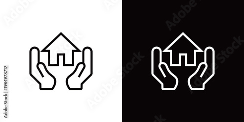 家の保護のラインアイコン。白い線と黒い線のモノクロベクターイラストセット