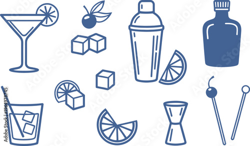 Collection of blue line for cocktails and bar essentials