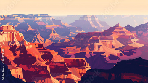 Colorful vector illustration of Grand Canyon landscape at sunrise with layered rocky cliffs