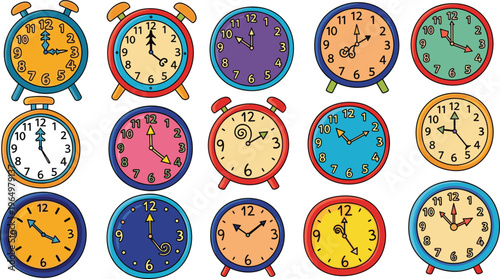 Large set of colorful hand drawn alarm clocks and round wall clock icons in a playful doodle style for education