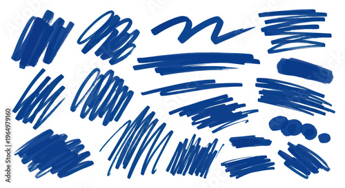 Blue Marker Scribbles and Strokes Collection on White Background