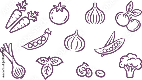 Simple Line of Fresh Vegetables and Fruits on White Background