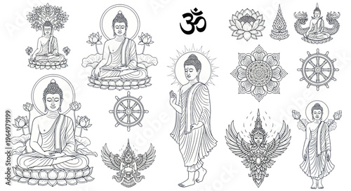 Buddha Line Art Collection: Meditation, Spirituality, Om Symbol, Dharma Wheel, Lotus