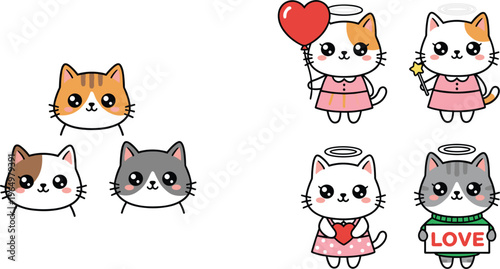 Kawaii cat character set with cute kitten avatars and angel cats holding hearts for stickers and social media flat vector