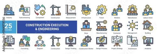 Construction Execution and Engineering icon set featuring building,infrastructure,workforce,manufacturing,and design process.Ideal for industrial,engineering,and development projects.