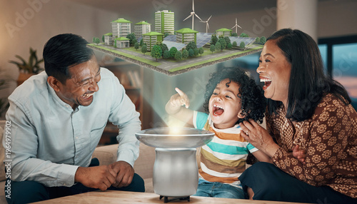Happy family with child interacting with futuristic smart home device displaying a sustainable city hologram.