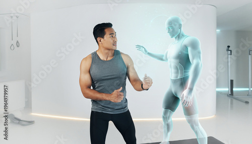 Man interacting with a holographic virtual assistant in a futuristic gym setting.