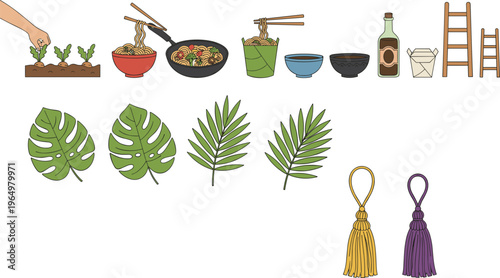 Lifestyle props and culinary icons set featuring noodles, pasta, indoor plants, gardening, and home decor flat vector illustration