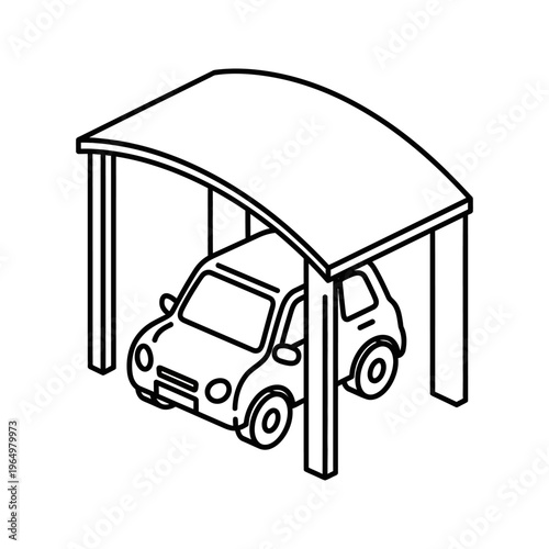 black and white line art of a car in a carport