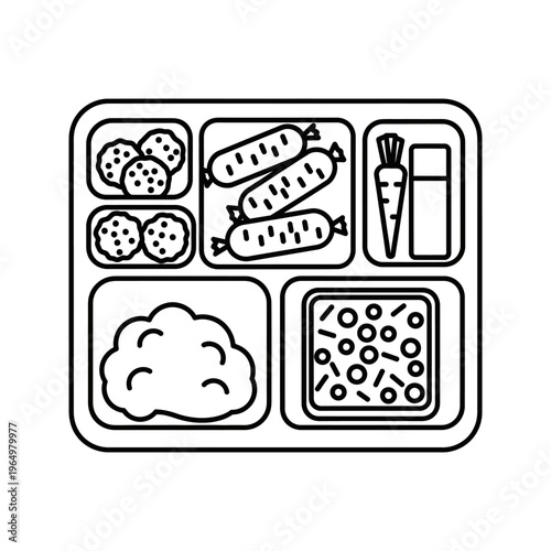 black and white lunchbox icon with assorted food compartments and utensils