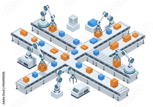 Automated factory production line with robotic arms and conveyor belts