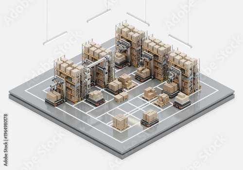 Automated warehouse system with robotic arms and autonomous guided vehicles