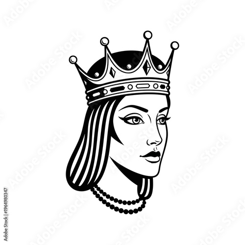 Elegant queen crown vector illustration in black and white line art style