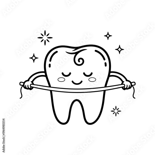 smiling cartoon tooth holding floss line art