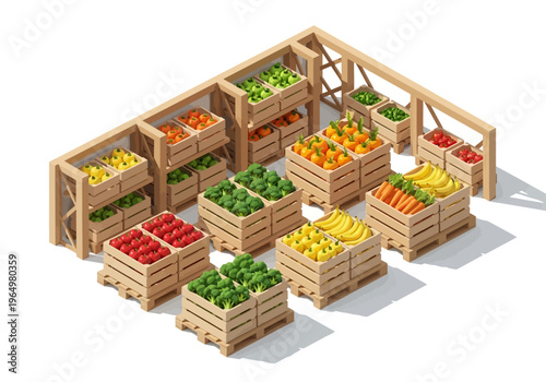 Fresh fruits and vegetables arranged in wooden crates for a market stall or grocery store display