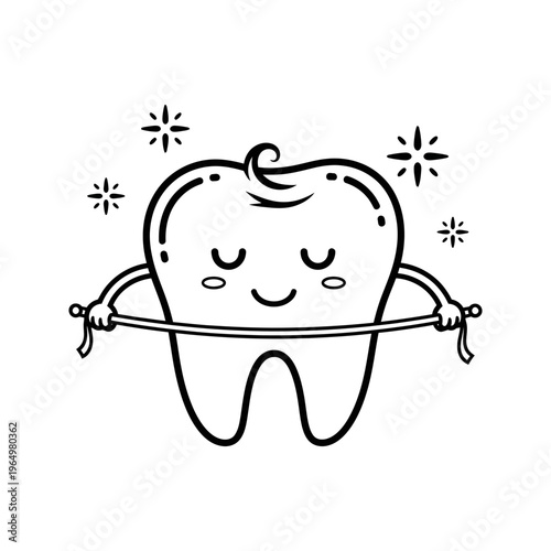 smiling cartoon tooth flossing with sparkles