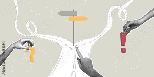 Concept of difficult choices, career path, decision making, and problem solving. Trendy halftone collage. Human hands interacting with a road and signs. An uncertain future and the direction of a