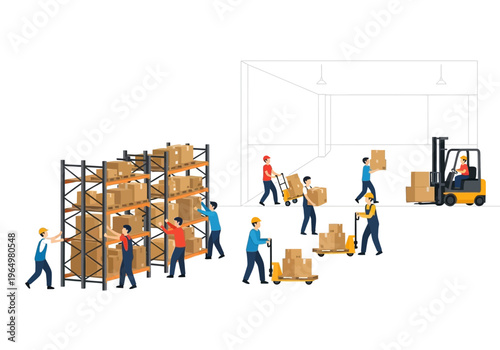Warehouse workers and forklift busy with cargo loading and unloading inside a logistics facility