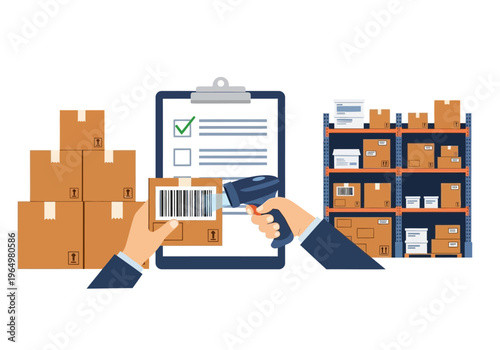 Inventory management and stock control system with barcode scanner and checklist