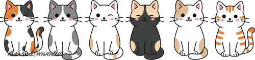 Kawaii sitting cat character set with diverse coat patterns and cute winking faces for stickers and stationary flat vector