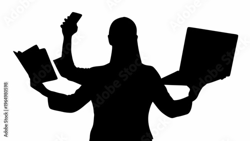 Overworked person silhouette managing multiple tasks with stress