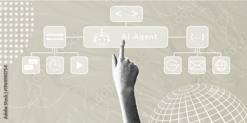 Software developer working with an artificial intelligence system. Trendy halftone collage. Woman touching a virtual interface with an AI agent icon. Modern concept of digital automation and machine
