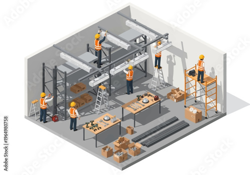 Construction workers assembling industrial shelving and equipment in a warehouse interior scene