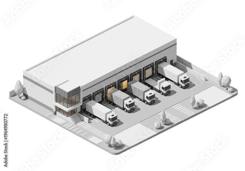 Modern industrial warehouse with loading docks and delivery trucks in an isometric view
