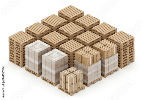 Shipping and logistics arrangement of stacked wooden pallets with various packaged goods and boxes