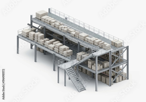 Industrial tiered racking system with boxes and stairs, high-angle view, white background